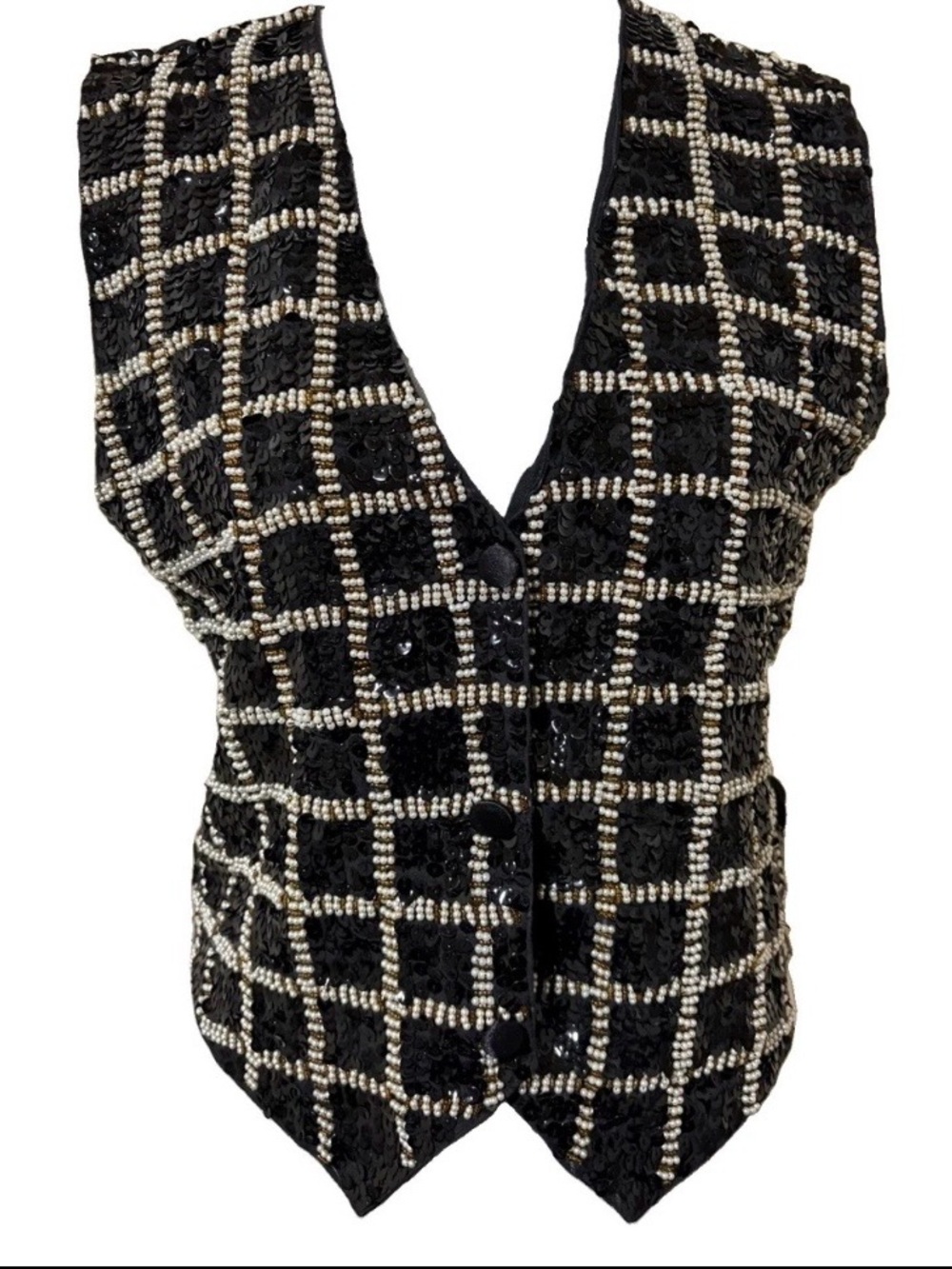 Vintage 80s 90s Theo Sequin Beaded Vest Grid Plaid Black Pearl Gold M